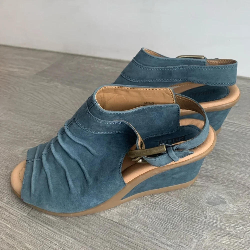 Earth Adina Moroccan Blue Suede Ruched Sling Back Peep Toe Wedge Sandals